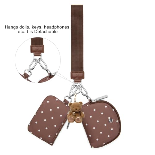 Keychain Wallet Mini Zip Around Wristlet Wallets for Women Detachable Dual Pouch Wristlet Portable Coin Purse Small Wallets (Polka Dot Brown) - color: Polka Dot Brown
