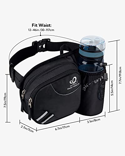 WATERFLY Fanny Pack Waist Bag: Waist Pack for Women Men with Water Bottle Holder Hiking Fanny Pack for Running Walking DogWalking Travel Cycling - color: black