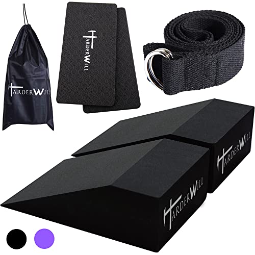 Yoga Foam Wedge Blocks (Pair), Calf Raise Block, Calf Stretcher, Yoga Wrist Support, Balance, Pushup, Fitness, Pilates, Heel Stretcher, Squat Wedge with Gym Bag - size: Wedges with Strap and Pads