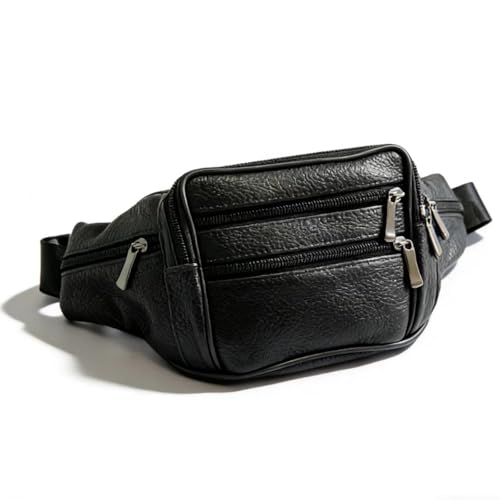 Genuine Cowhide Leather Fanny Pack, Separate Storage 7 Pockets Waist Pack - color: black