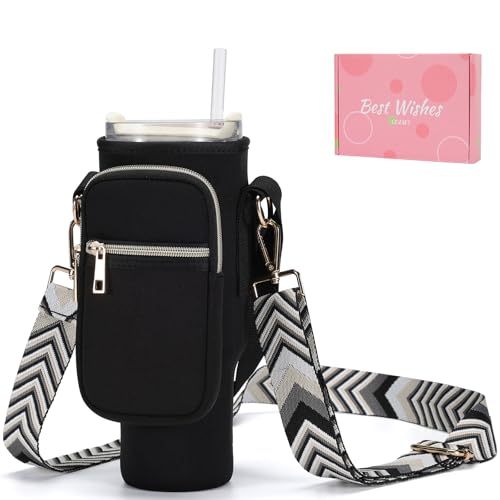 GOEWY Water Bottle Carrier Bag for Stanley Cup 40/30oz with Phone Pockets - color: Black（Upgraded with Gift Box）, size: 40oz
