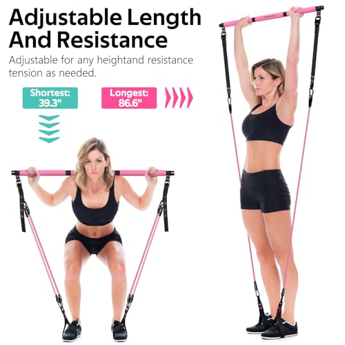 Pilates Bar Kit with Resistance Bands, Pilates Workout Equipment for Women - color: Pink