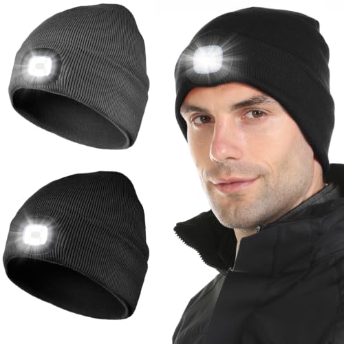 Tutuko 2 Pack Beanie with Light, Winter Knit Hat, Gifts for Men Women Dad - color: Black+ Dark Grey