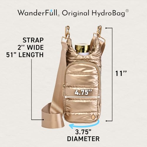 WanderFull Original HydroBag Crossbody Water Bottle Holder with Phone Pocket, Fits Water Bottles up to 32 oz - color: Gold Shiny