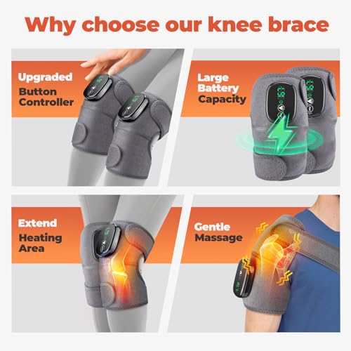 Cordless Knee Massager with Heat, 3-in-1 Heated Knee Massager for Knee Elbow Shoulder Wrap with 3 Vibration & Heating Modes (2 PACK) - style: Grey 2 Pack