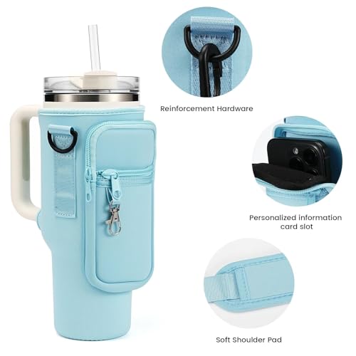 Water Bottle Carrier Bag Holder with Phone Pocket Adjustable Strap for Stanley 30 40oz, Insulated Neoprene Cover Sleeve Sling Crossbody Bag for Walking Camping Hiking Travelling - color: Lake Blue-1