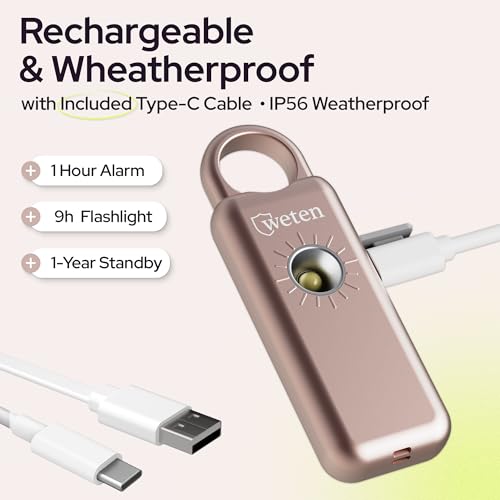 Personal Safety Alarm Keychain for Women, 130dB Siren, LED Strobe, USB-C - color: Metallic Rose