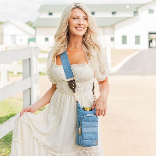 WanderFull® Original HydroBag®, Fits Up to 32 oz Water Bottle Holder with Strap, Gift for Women, Hands-Free Crossbody, Water Bottle Carrier Bag with Phone Pocket - color: Denim