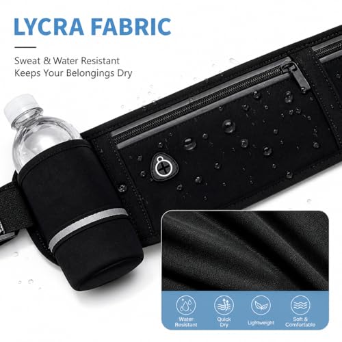 Slim No-Bounce Running Belt - Waterproof Exercise Waist Pack for Marathons, Hiking & Dog Walking - Hidden Travel Money Belt for Phones - color: Black(Bottle Holde)
