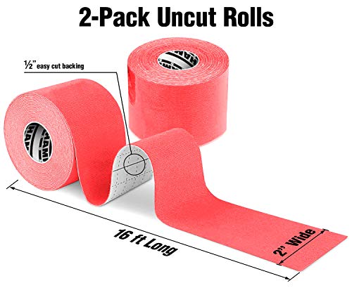 Hampton Adams | As Seen on Shark Tank | Elastic Kinesiology Tape (2-Pack) | Uncut Athletic Tape Supports & Protects Muscles Knees Shoulders & Plantar Fasciitis | Waterproof Hypoallergenic (Red) - color: Red, size: 2in x 16ft (2 Rolls)