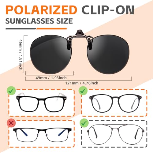 JO Polarized Clip-On Sunglasses UV400 Anti-Glare Lenses with Metal Frame Round - color: Black, size: 52 mm