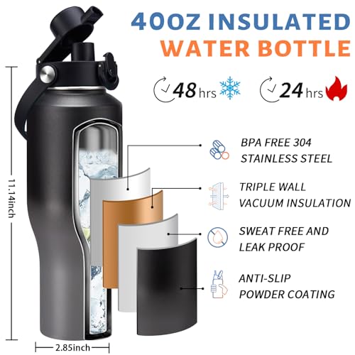40oz Insulated Water Bottle with Carrier Bag, Fit Car Cup Holder Travel Mug - color: Shadow, size: 40 Ounces
