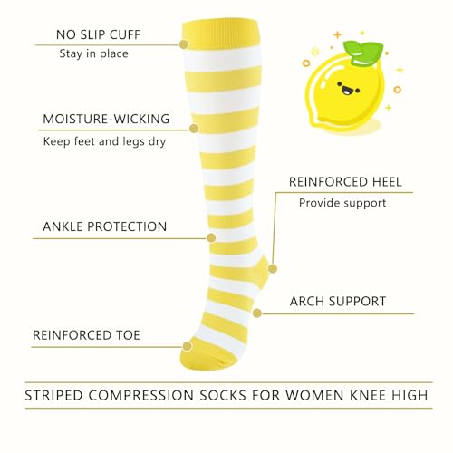 Junely Compression Socks for Women Knee High Striped Polka Dot Stockings - color: Yellow White