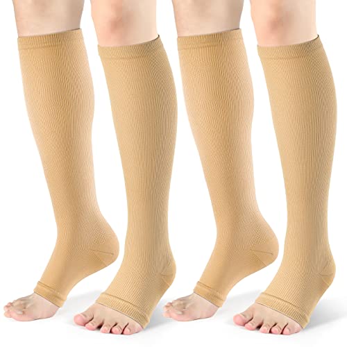 Toeless Compression Socks 15-20 mmHg, 2 Pairs open toe Knee High Support - color: B - Beige, size: Small-Medium