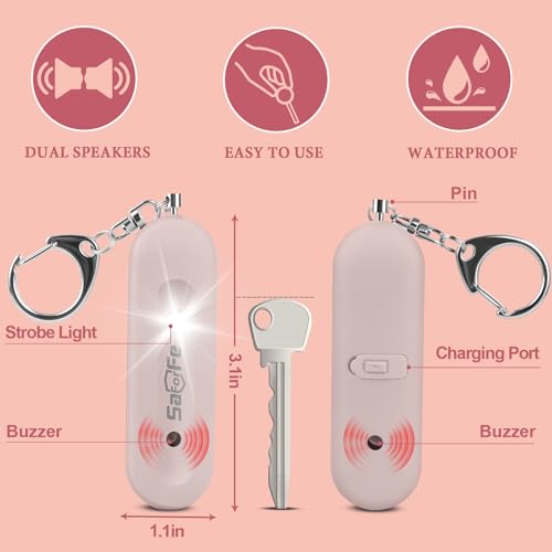 Personal Safety Alarm - Waterproof Rechargeable Security Alarm - 140dB Extra Loud Siren & Strobe Light - Self Defense Keychain - Gift for Women, Teenagers, College Girls, Seniors (Pink) - color: Pink