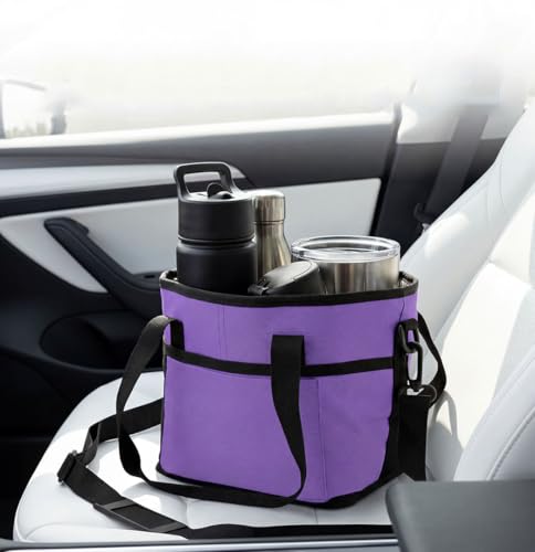 Drink Carrier Bag 4 Compartment Family Size Insulated Water Bottle Holder & Tumbler Tote with Adjustable Strap Nylon Organizer Caddy with Front Pocket for Picnic No-Spill for Car (Purple)