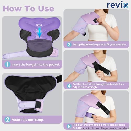REVIX Large Shoulder Ice Pack Wrap & Brace for Rotator Cuff & Arm - size: Large, style: Purple, 1 Gel Pack+1 Shoulder Brace