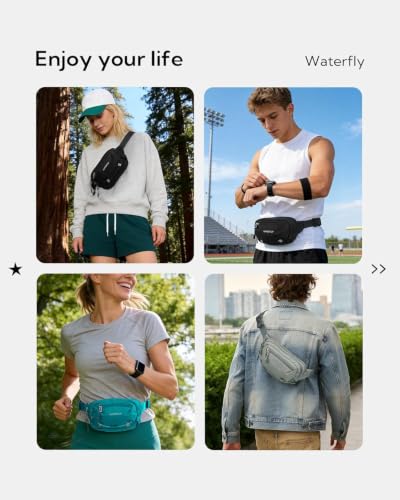 WATERFLY Small RFID Fanny Pack: 1.5L Waist Bag 12" Extender Belt for Hiking - color: Black