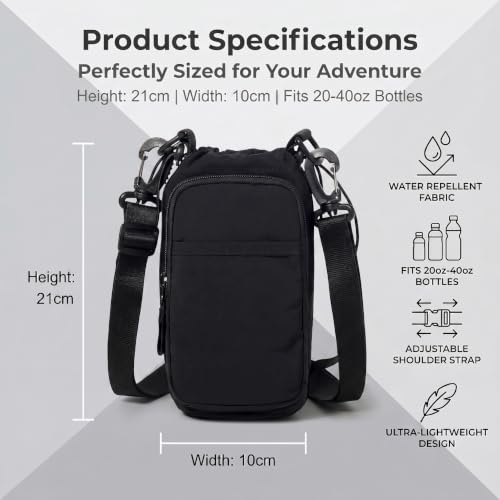 Water Bottle Holder with Strap, Crossbody Sling Bag for Walking Hiking - color: Black