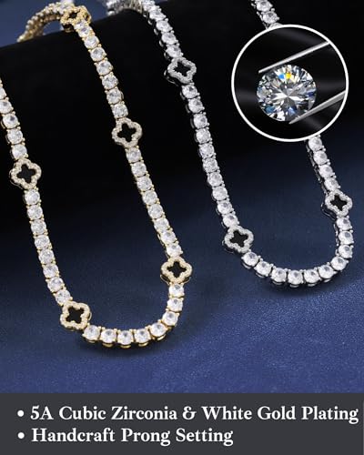 LuxeFlex 4mm Iced Out Four Leaf Tennis Chain,White Gold Plated with 5A Zircon Stones, exquisite Handmade Hip Hop Bling Necklace Perfect Unisex Jewelry Gift - color: Gold, size: 20 INCH
