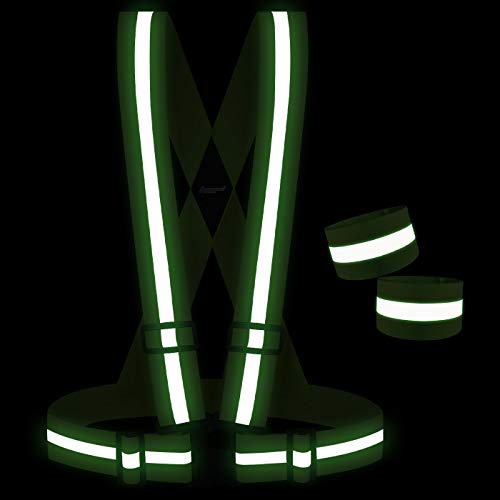 Running Reflective Vest Gear with 2 Reflective Bands Adjustable Safety Vests High Visible Reflective Belt Wristbands Straps for Night Running Cycling Dog Walk Jogging (Green)