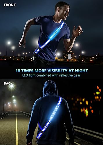 Fokia Kunbio LED Reflective Belt Sash for Walking at Night,Running Safety Gear LED Light Up Running Belt for Runners Walkers - color: Bule