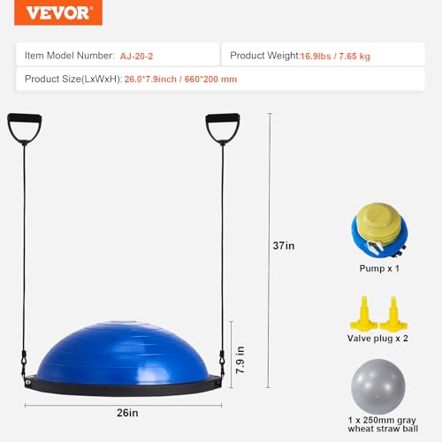 VEVOR Half Exercise Ball Trainer, 23/26 inch Balance Ball Trainer, 1500lbs Capacity Stability Ball, Yoga Ball with Resistance Bands & Foot Pump, Strength Fitness Ball for Home Gym Full Body Workout - color: 26" Ripple Blue