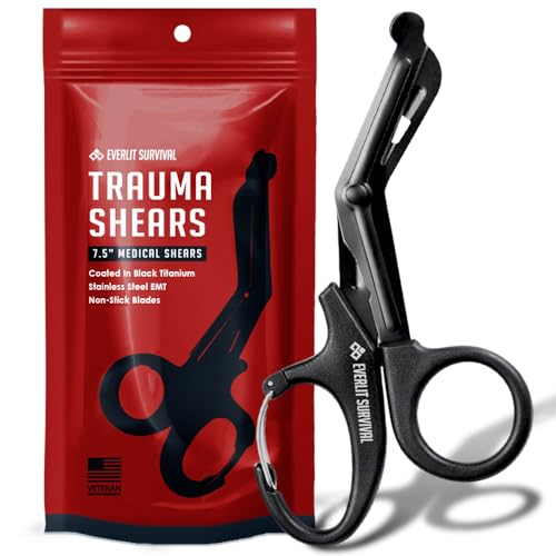 EVERLIT Trauma Shears Black Titanium Coated Non-Stick Blades Stainless Steel Bandage Medical Scissors with Oxygen Tank Wrench (7.5" Fullsize, 1 Pair) - size: 7.5" Fullsize, 1 Pair