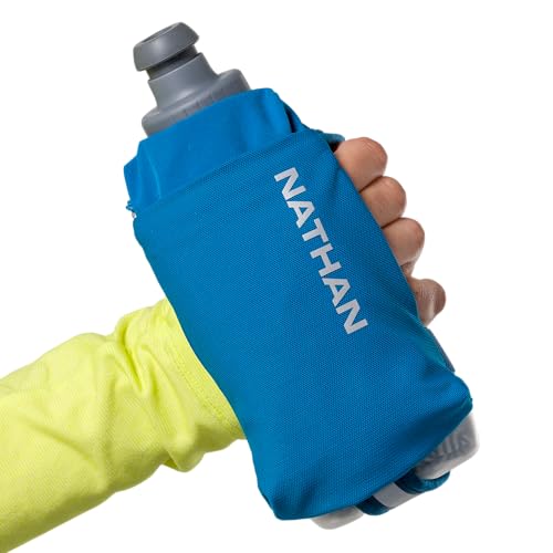 Nathan SpeedDraw 2 Insulated Handheld Running Water Bottle Flask – Double-Wall Insulation, Ergonomic Grip, Blast Valve Cap, Phone & Key Storage Pockets, Reflective Design, 12oz Insulated - Deep Blue - color: 12oz Insulated - Deep Blue