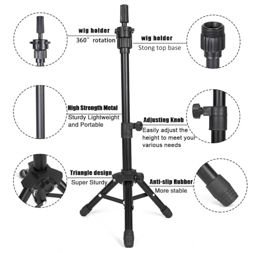 ZQIAN BEAUTY 25 Inch Wig Stand Tripod, Adjustable Mannequin Head Stand, Wig Head Stand for Training Heads And Canvas Block Head (Mannequin Head Not Included) - color: Black, size: 25 Inch