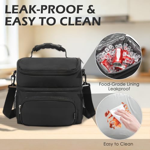 FlowFly Double Layer Cooler Insulated Lunch Bag Adult Lunch Box Large Tote Bag for Men, Women, With Adjustable Strap,Front Pocket and Dual Large Mesh Side Pockets - color: Black