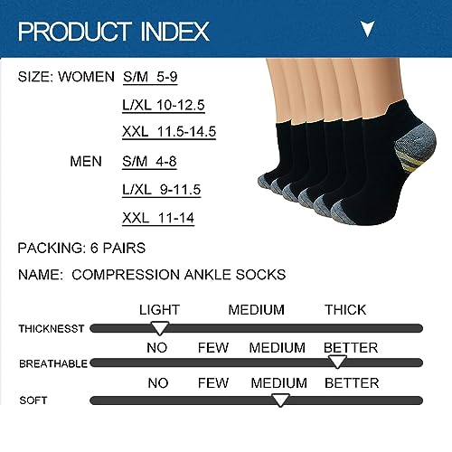 Sooverki Copper Compression Socks Women and Men 6 Pairs - Circulation Arch Support Plantar Fasciitis Running Ankle Socks - color: A2 - 6 Black No Show, size: Small-Medium