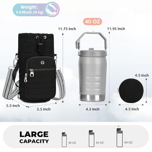 Water Bottle Carrier Bag with Strap Phone Pocket for Walking, Hiking, Cycling - color: 1-Black, size: 40oz-64oz