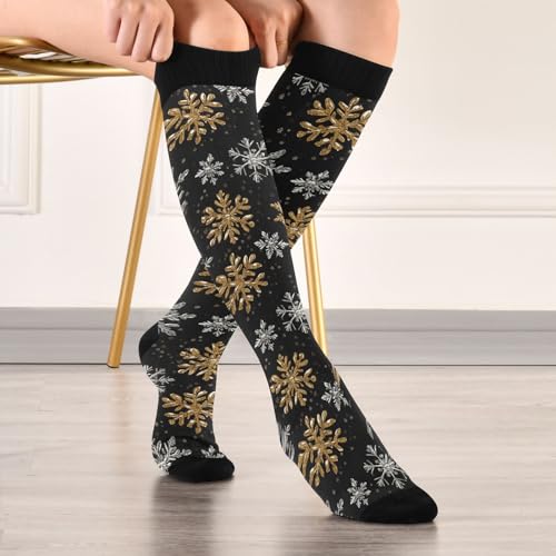 Snowflake Red Christmas Compression Sock for Women Men Funny Support Knee High Socks Running,Nurses,Travel - color: Gold Silver Snowflakes