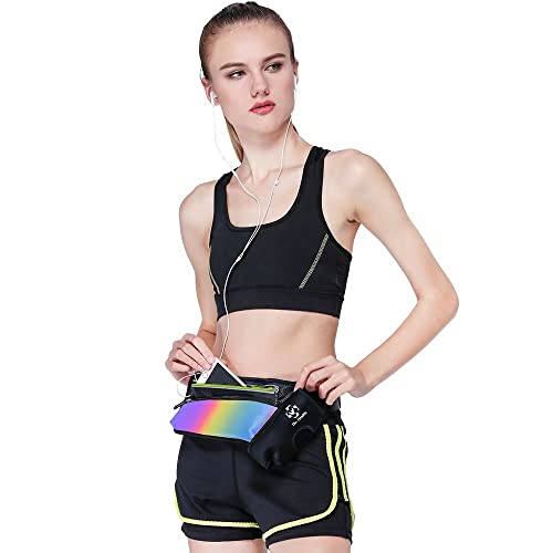 Running Belt Sport Waist Pack/Pouch w/Water Bottle Holder Hydration Fanny Pack Reflective Stripes Cellphone Storage Earphone hole for Dog walker Hiking Travel Adjustable Women/Men (Rainbow Stripes) - color: Rainbow Stripes