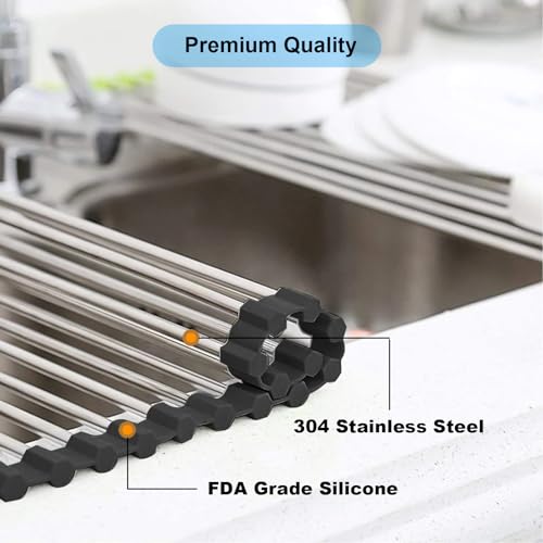 Searik Stainless Steel Over The Sink Dish Drying Rack, Roll Up Foldable Kitchen Sink Drainer Rack (17.7"x 11.8") - color: Black, size: 17.7"x11.8"