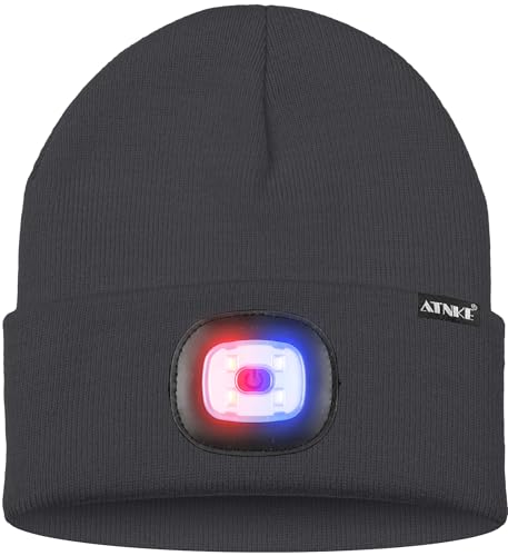 ATNKE LED Lighted Beanie Hat,USB Rechargeable 4 LED Red and Blue Flashing Running Headlamp Cap Gifts for Men and Women - color: #Gun Gray