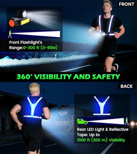 Running Lights for Runners,90°Adjustable LED Reflective Vest Running Gear,Rechargeable Chest Light Up Running Vest Night Walking Safety Gear for Night Walking/Cycling/Jogging - color: Blue