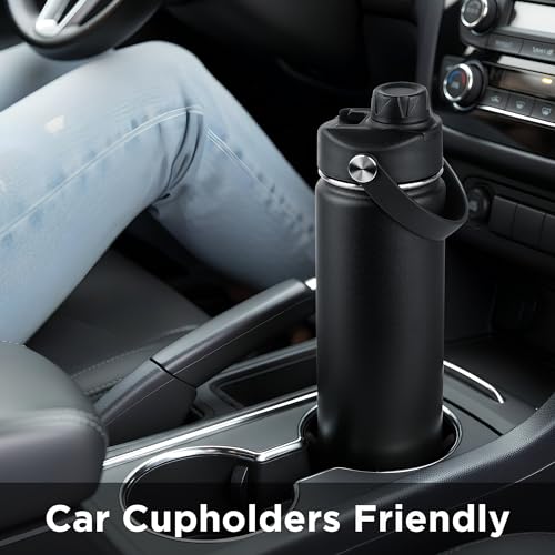 ThermoProof Double-Walled Vacuum Insulated Stainless Steel Water Bottle - Wide Mouth with Chug & Spout Lids, Dishwasher Safe, Reusable, Leakproof, Hot & Cold for Men, Women & Kids - 22oz, Black - color: Black, size: 22 Ounces