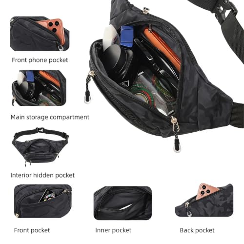 Large Fanny Pack for Men Women NSYOOMH, Crossbody Waist Bag 5-Zipper Pocket - color: Camo Black