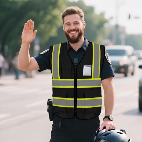 High Visibility Vest 5 Pockets Safety Vest with Zipper, Black S - color: Black, size: Small