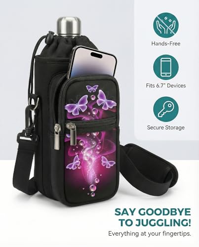 AUPET Water Bottle Sling Bag Sleeve Holder Carrier 25/32/40/64 oz,Insulated Crossbody Water Bottle Case Cover with Strap and Pockets for Men/Women Walking Hiking - color: nice butterlies, size: 25oz