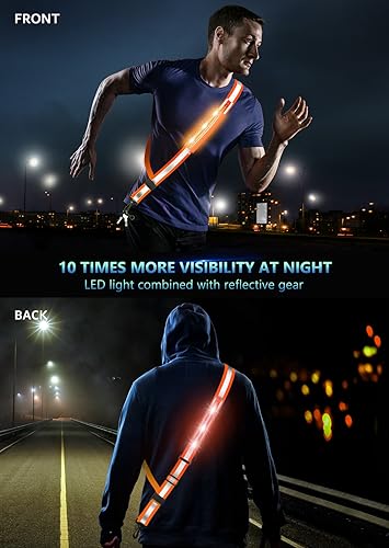 Fokia Kunbio LED Reflective Belt Sash for Walking at Night,Running Safety Gear LED Light Up Running Belt for Runners Walkers - color: Orange