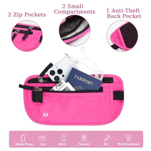 FuninCrea Waterproof Hidden Money Belt for Travel, Anti-Theft Belt Bag with RFID Blocking Function Adjustable Slim Waist Bag with 2 Zipper Pockets & 1 Back Pocket for Travel Running (B, Hot Pink) - color: B, Hot Pink