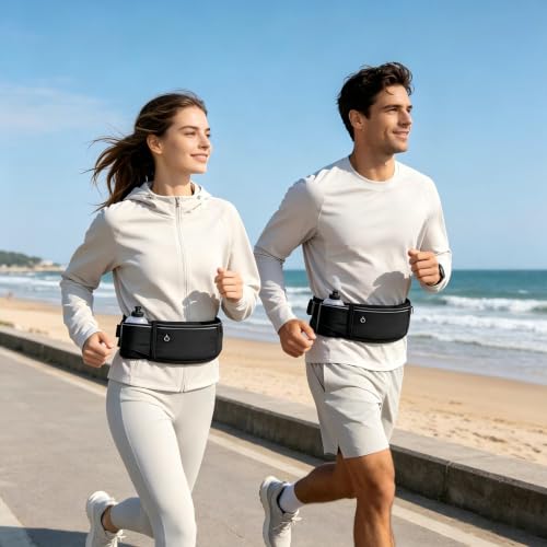 Running Belt with Water Bottle Holder, Large Fanny Pack for Men Women Girls Boys Kids Phone Carry Pouch,Flat Slim Waist Bag Fit Hydration Hiking Runner Walking Workout Gym Sport Travel - color: 01-Black