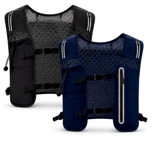 2 Pcs Running Vest for Women Men, Reflective Running Vest with Adjustable Waistband & Phone Pocket, Outdoor Pack Lightweight Breathable Backpack for Marathon Hiking - color: Black, Navy Blue