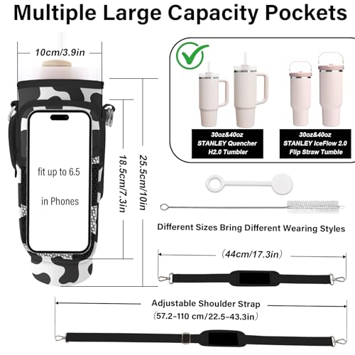Water Bottle Carrier Bag for Stanley Cup 40/30oz, Neoprene Water Bottle Holder Pouch with 3 Pocket Adjustable Shoulder & Hand Strap - color: Cute Cow Print