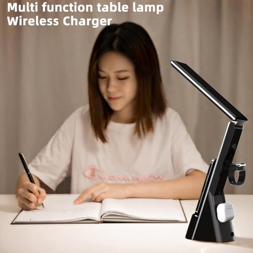 IHAO 6in1 Multifunctional Foldable LED Desk Lamp with Wireless Charger Digital Alarm Clock Eye-Care Lighting 3 Color Modes 15W Qi Charger for Phone/Headphones Compatible with iWatch Charger-N61 White - color: Multi Funcitonal Alarm Clock N61 White