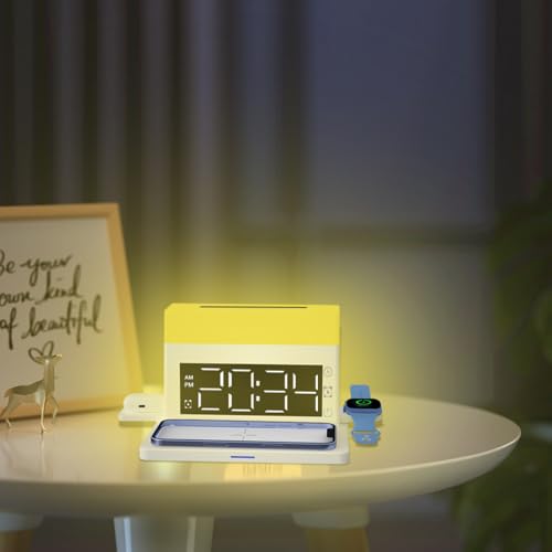 IHAO 6in1 Smart Alarm Clock with Wireless Charger RGB Mood Light 15W Fast Wireless Charging for All Qi Phone TWS Headphone Compliant with i-Watch 7 Color Night Light Large Digital Display-White - color: Multifunctional Alarm Clock White