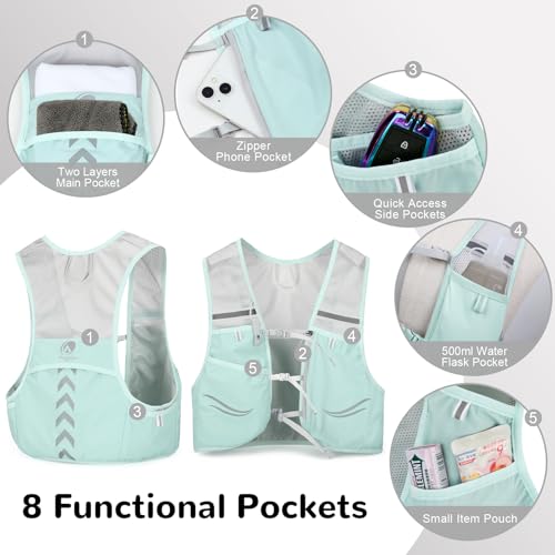 Hydration Running Vest with 2pcs 500ml/17oz Water Bottles, M/L - color: Green, size: L: 35.4" - 49.2"